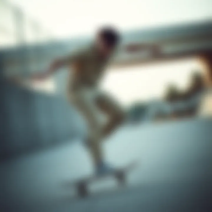 Skateboarder showcasing Dickies khaki slim fit apparel in action