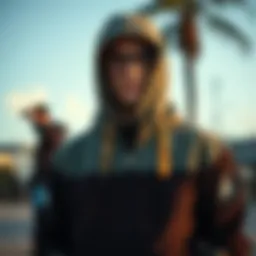 Fashionable zip-up jacket with hood showcased outdoors