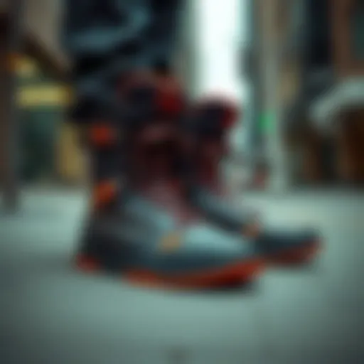 Stylish Waterproof Sneaker Boots in Urban Environment A stylish pair of waterproof sneaker boots designed for skateboarding in an urban setting