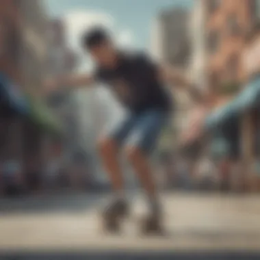 Skater in Action Skater performing tricks while wearing waxed denim shorts