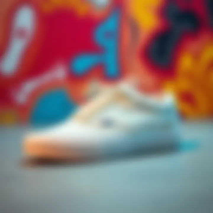 Stylish presentation of White Gumsole Vans against a vibrant backdrop