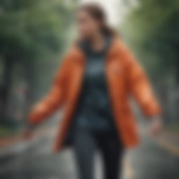 Woman wearing windbreaker jacket in inclement weather