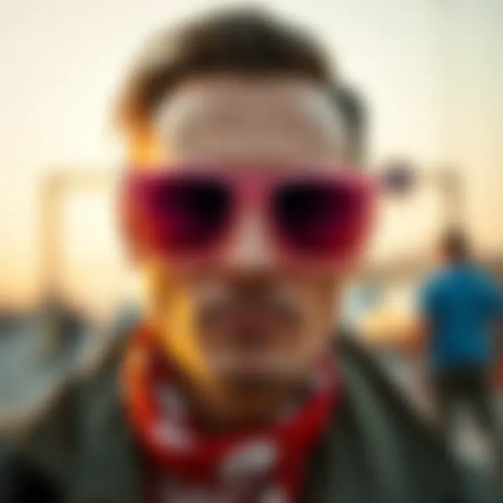 Man showcasing an outfit complemented by pink sunglasses