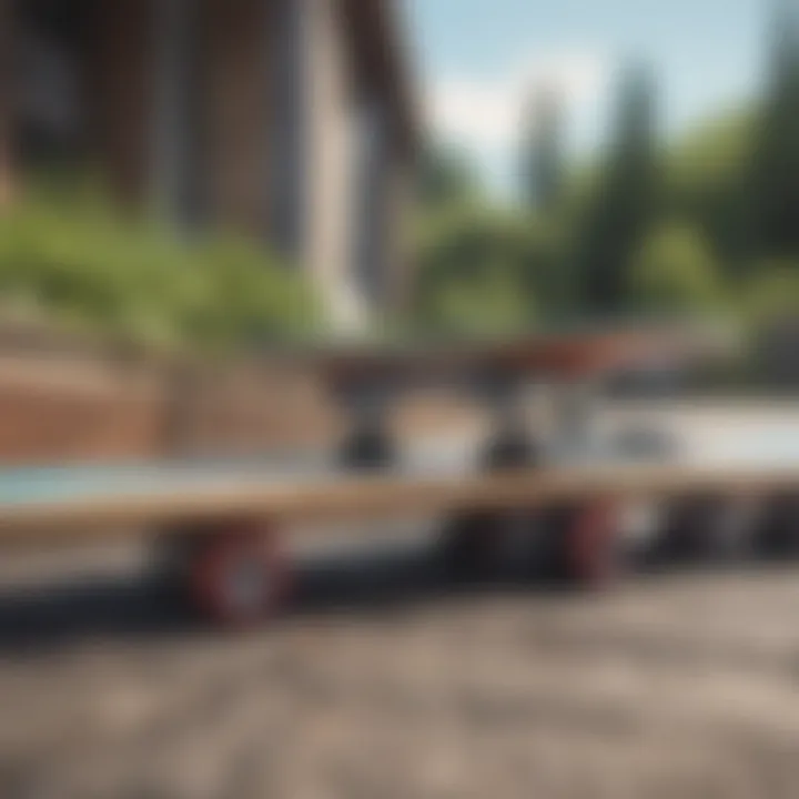 A close-up of skateboard wheels and deck