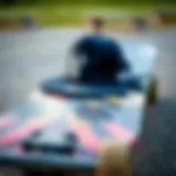 A close-up of a flipped hat on a skateboard deck