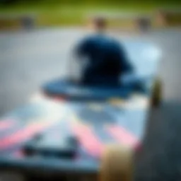 A close-up of a flipped hat on a skateboard deck