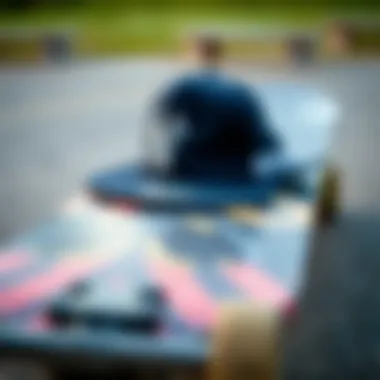 A close-up of a flipped hat on a skateboard deck
