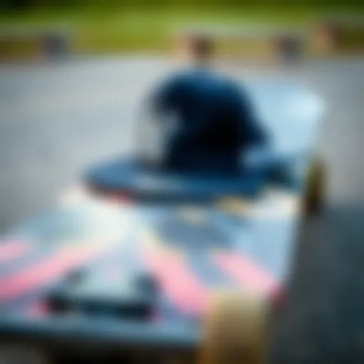 A close-up of a flipped hat on a skateboard deck