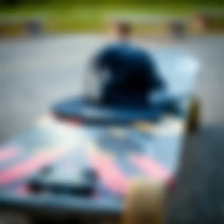 A close-up of a flipped hat on a skateboard deck
