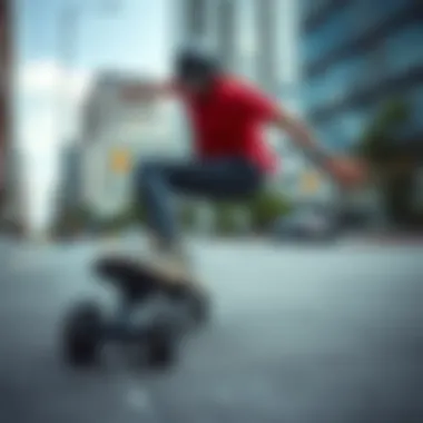 Skateboarder using Flux Motion Electric Skateboard in an urban environment