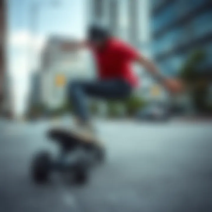 Skateboarder using Flux Motion Electric Skateboard in an urban environment