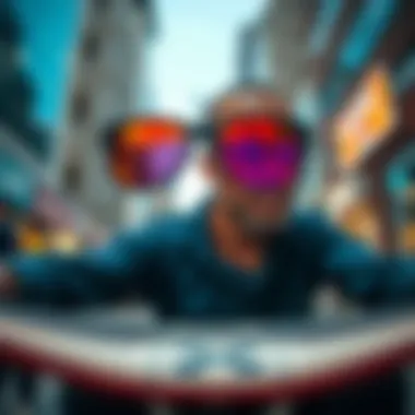 Skateboarding and Future Tech Sunglasses Sunglasses designed for skateboarders in an urban setting