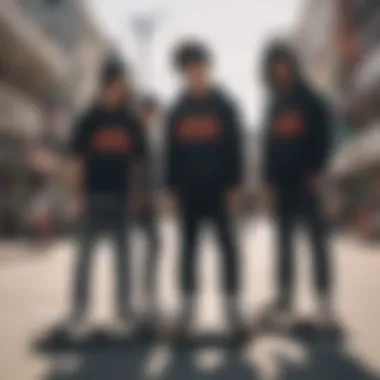 Skateboarding Community Embracing Goku Black A group of skateboarders featuring Goku Black merchandise in an urban setting.