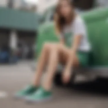Fashion Pairings with Green Vans Slip-Ons Stylish outfit paired with green Vans slip-on shoes for casual wear