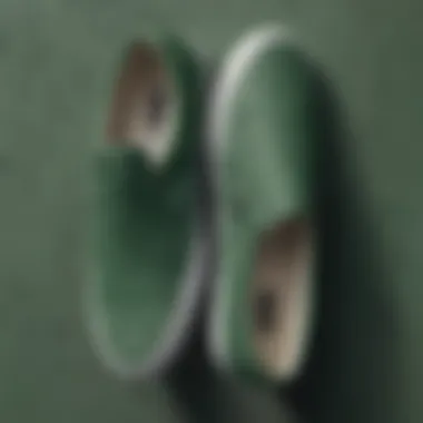 Material Details of Green Vans Slip-On Shoes Close-up of the unique texture and material of green Vans slip-on shoes