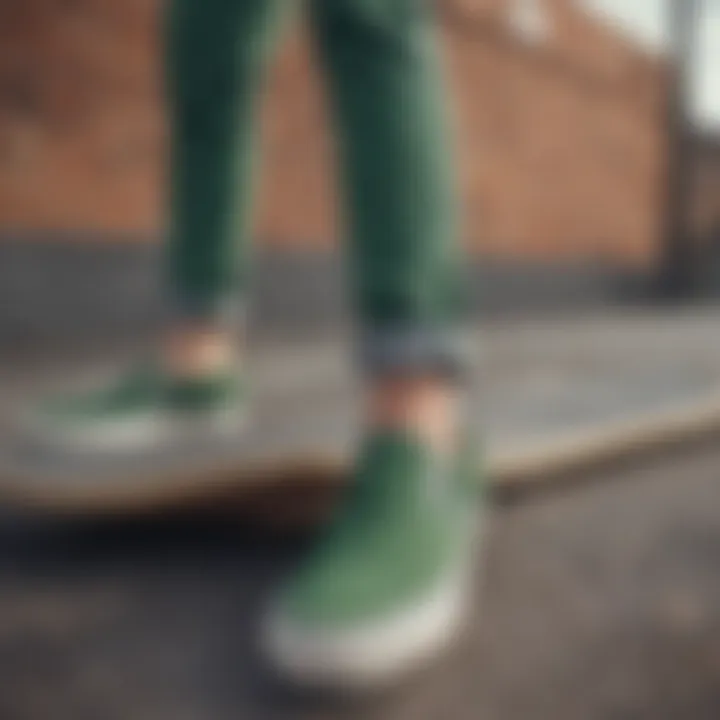 Stylish green Vans slip-on shoes on a skateboarding ramp