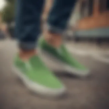 Green Vans slip-on shoes displayed in a dynamic urban environment