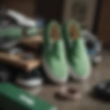 Green Vans slip-on shoes placed next to skateboarding gear