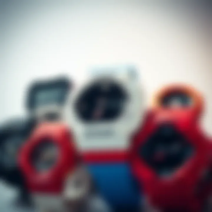 A collection of different G-Shock models featuring the red, white, and blue color scheme.