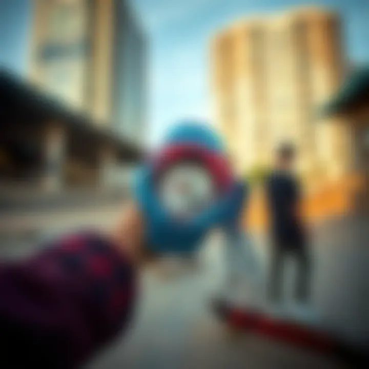 Skaters wearing the red, white, and blue G-Shock in an urban skate park environment.