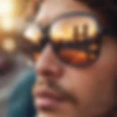 Close-up of sunglasses reflecting skate culture