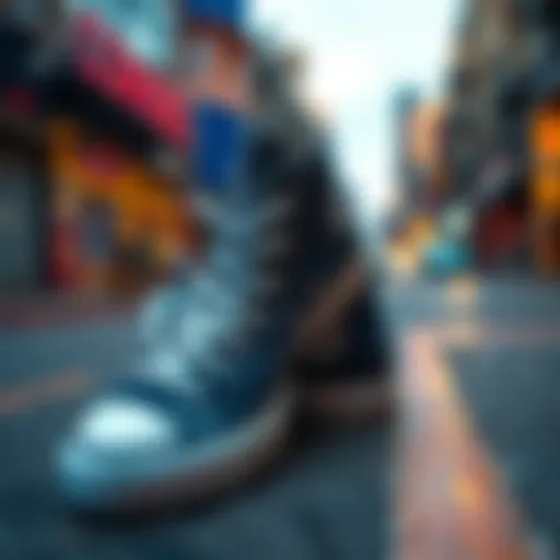 High top stacked Converse shoes against a vibrant urban backdrop.