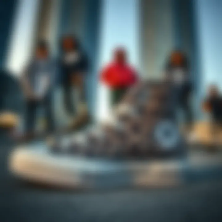 Group of skateboarders showcasing their Hightop Cheetah Converse in an urban environment.