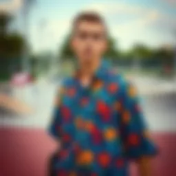 Vibrant patterned button-up shirt worn in a skate park setting