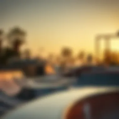 A vibrant outdoor skate park with various ramps and rails