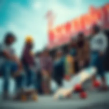 A diverse group of skaters collaborating on skateboard designs