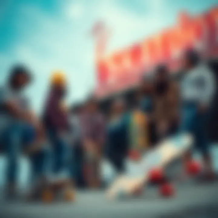 A diverse group of skaters collaborating on skateboard designs