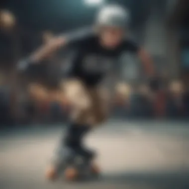 Dynamic junior skater performing tricks on aggressive inline skates