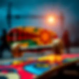 Artistic design of a limited edition skateboard deck featuring vibrant colors