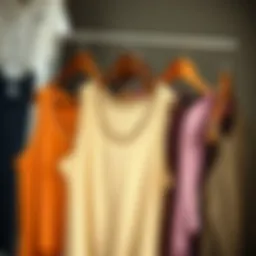 A stylish display of various loose tank tops in different fabrics and colors.