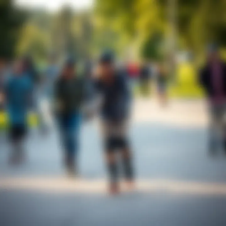 An outdoor scene featuring a diverse group of skaters enjoying a park