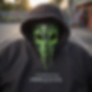 The Iconic Monster Energy Logo in Skate Culture A close-up of Monster Energy logo on a shirt in an urban skate park setting