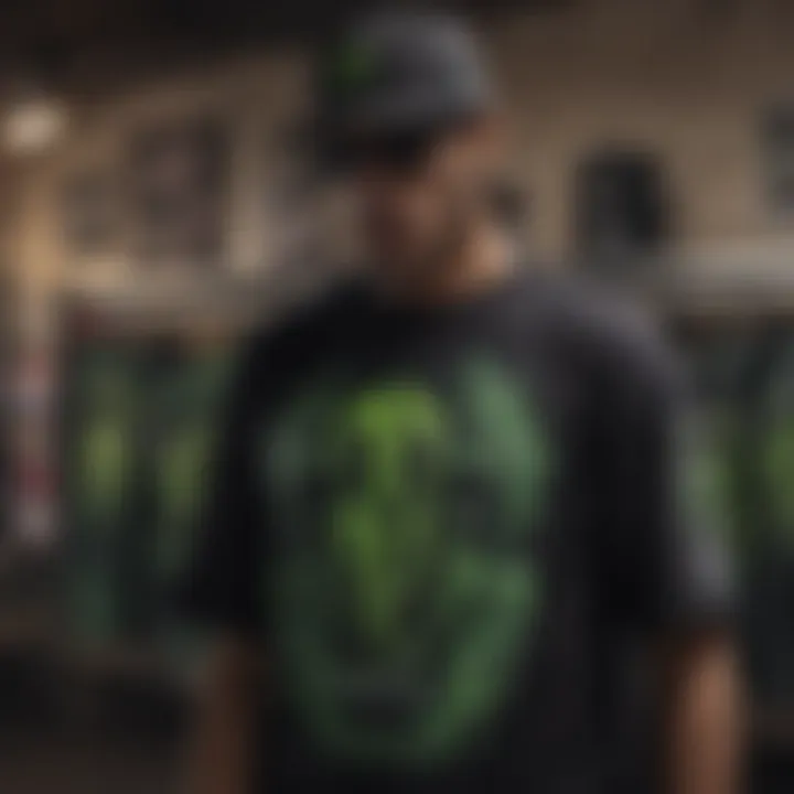 A vibrant display of Monster Energy shirts showcasing various designs