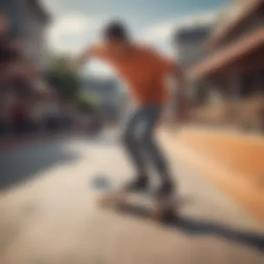 Skateboarder in Action on Naruto Deck Skateboarder performing tricks on a Naruto skateboard deck in an urban setting