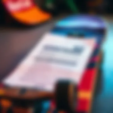 Close-up of insurance policy documents on a skateboard