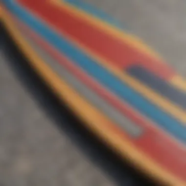 Close-up of a skateboard deck featuring bold stripe designs