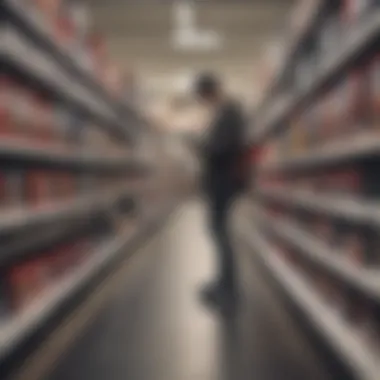 A shopper reviewing price tags for maximizing savings at an outlet.