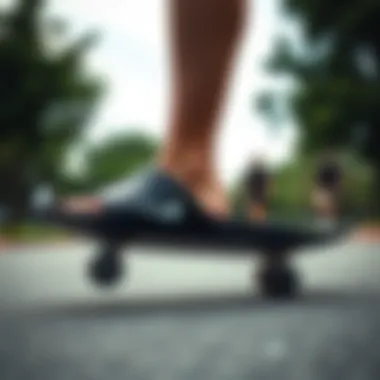 Individual wearing Nike Benassi sliders in black while skateboarding in a park.
