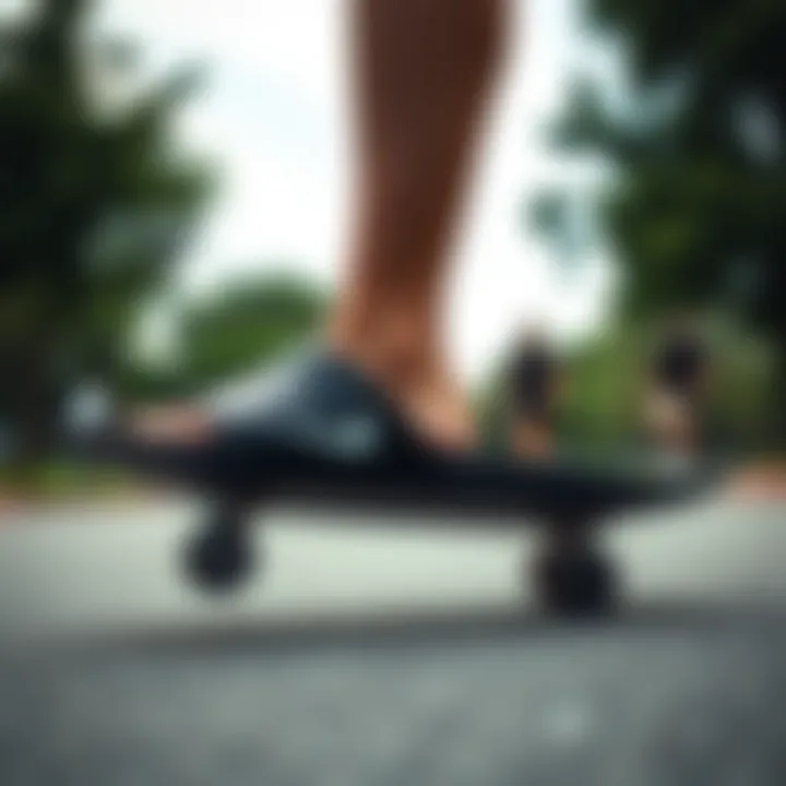Individual wearing Nike Benassi sliders in black while skateboarding in a park.