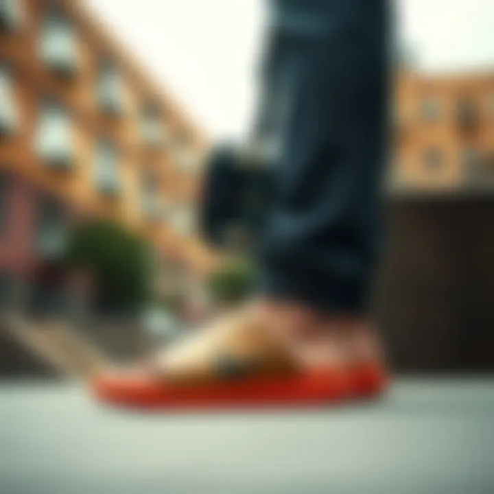 Nike Benassi sliders styled with skateboarding gear against an urban backdrop.