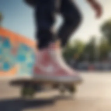 Action shot of a skateboarder wearing Nike SB high tops in a skate park