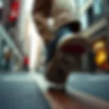 A dynamic skateboarding scene showcasing Nike footwear in action on a vibrant city street.