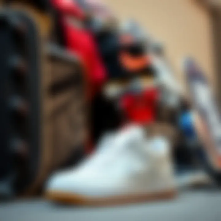 Nike White Gum Sneakers and Skateboarding Style Stylish depiction of Nike White Gum sneakers among various skateboarding gear