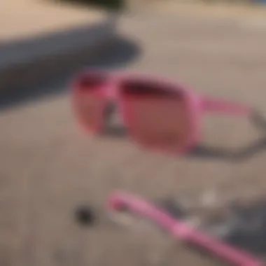 Flat lay of Oakley Sutro pink frame sunglasses with skateboarding gear