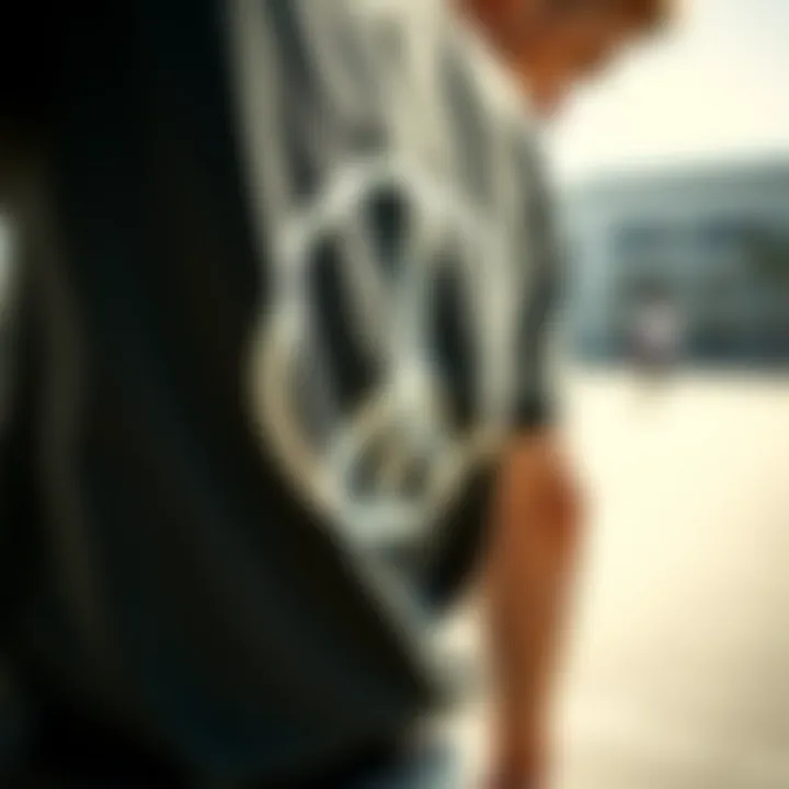 Close-up of a peace symbol printed on a skateboarder’s t-shirt while skating.