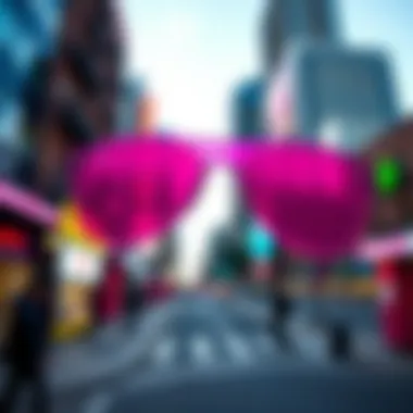 Close-up of pink sunglasses with vibrant city background